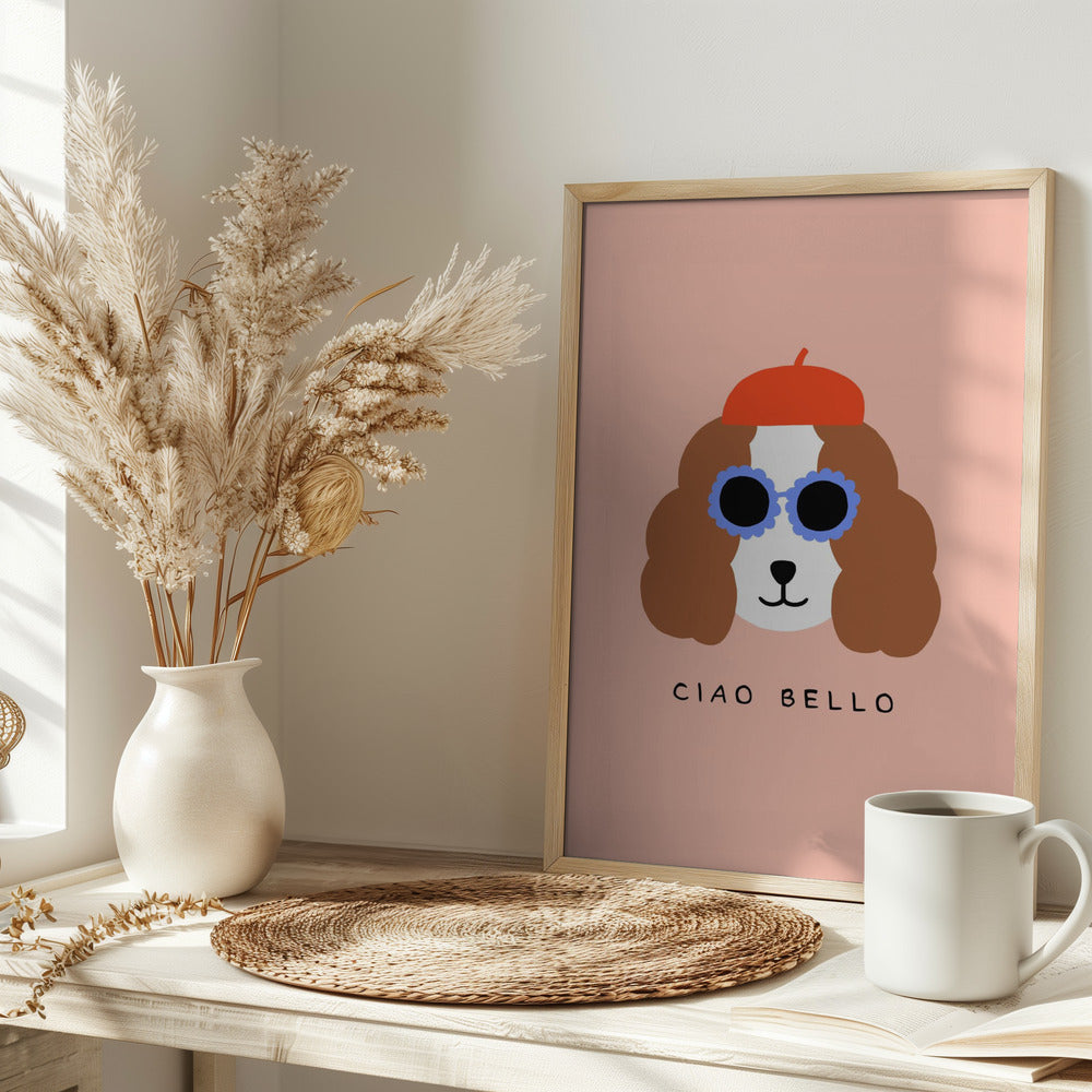 Ciao Bello perro con boina roja  ·  cuadro de decoración