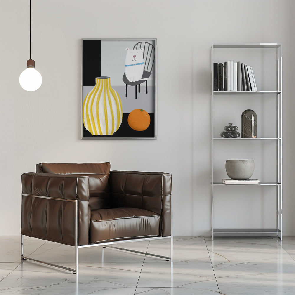 Divertido perro blanco con jarrón de rayas amarillas y blancas  ·  cuadro de decoración