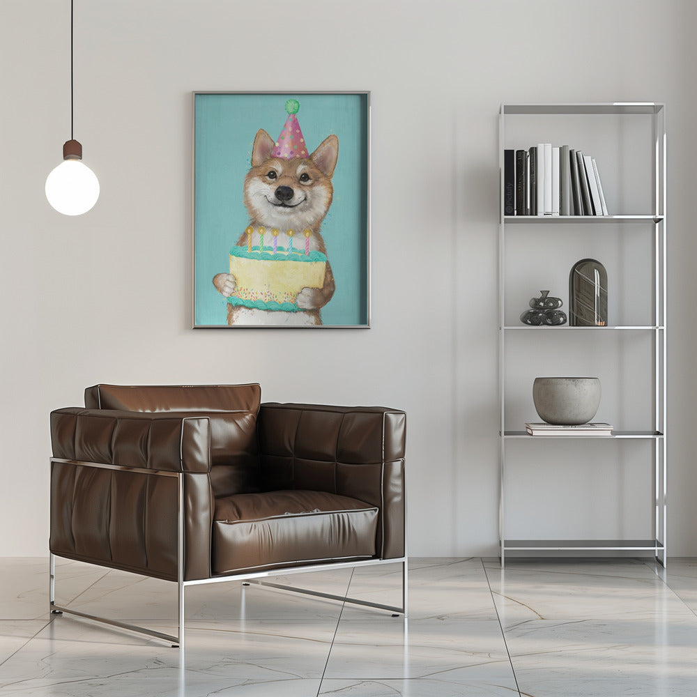Perro Corgi con pastel de cumpleaños  ·  cuadro de decoración