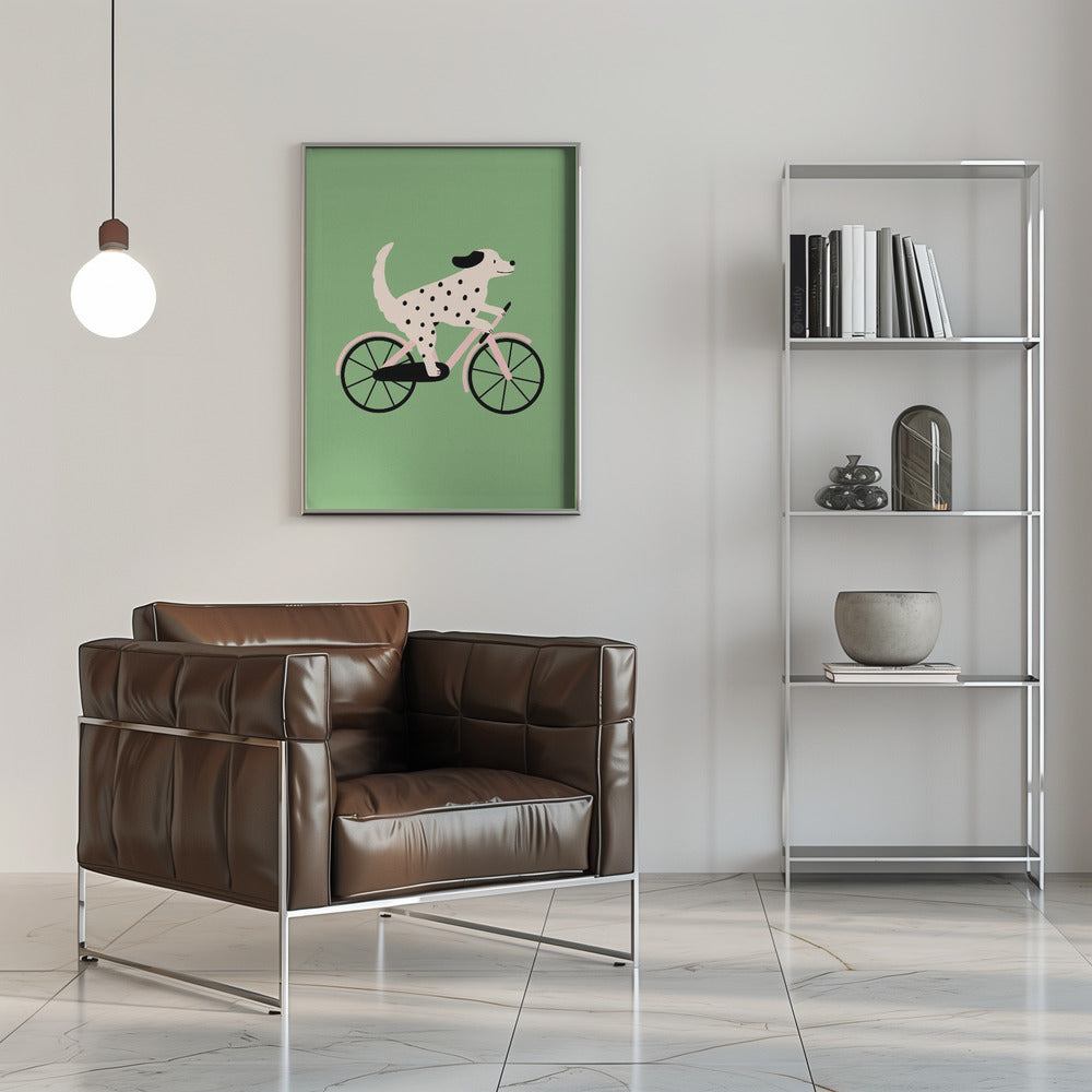 Perro moteado andando en bicicleta  ·  cuadro de decoración