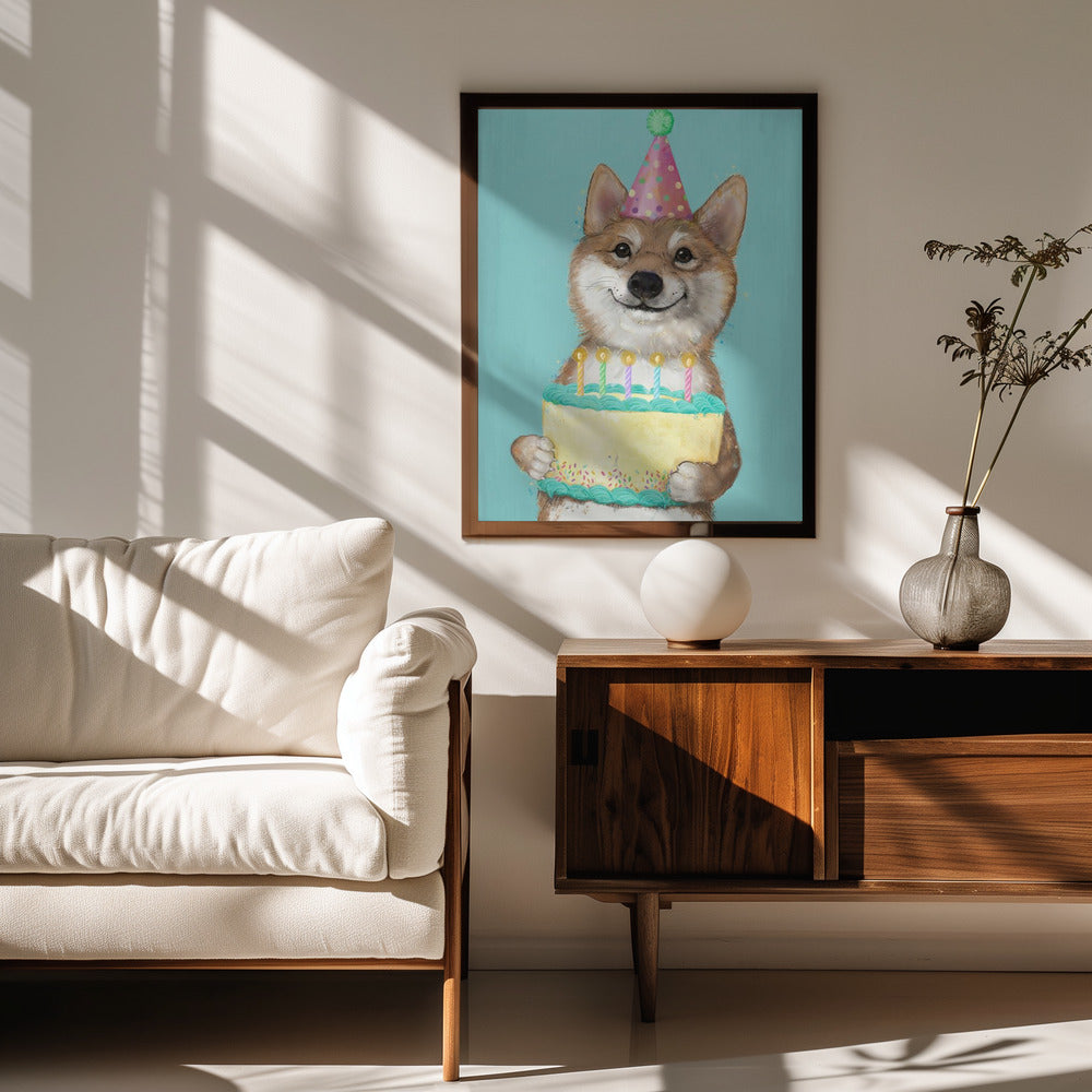 Perro Corgi con pastel de cumpleaños  ·  cuadro de decoración