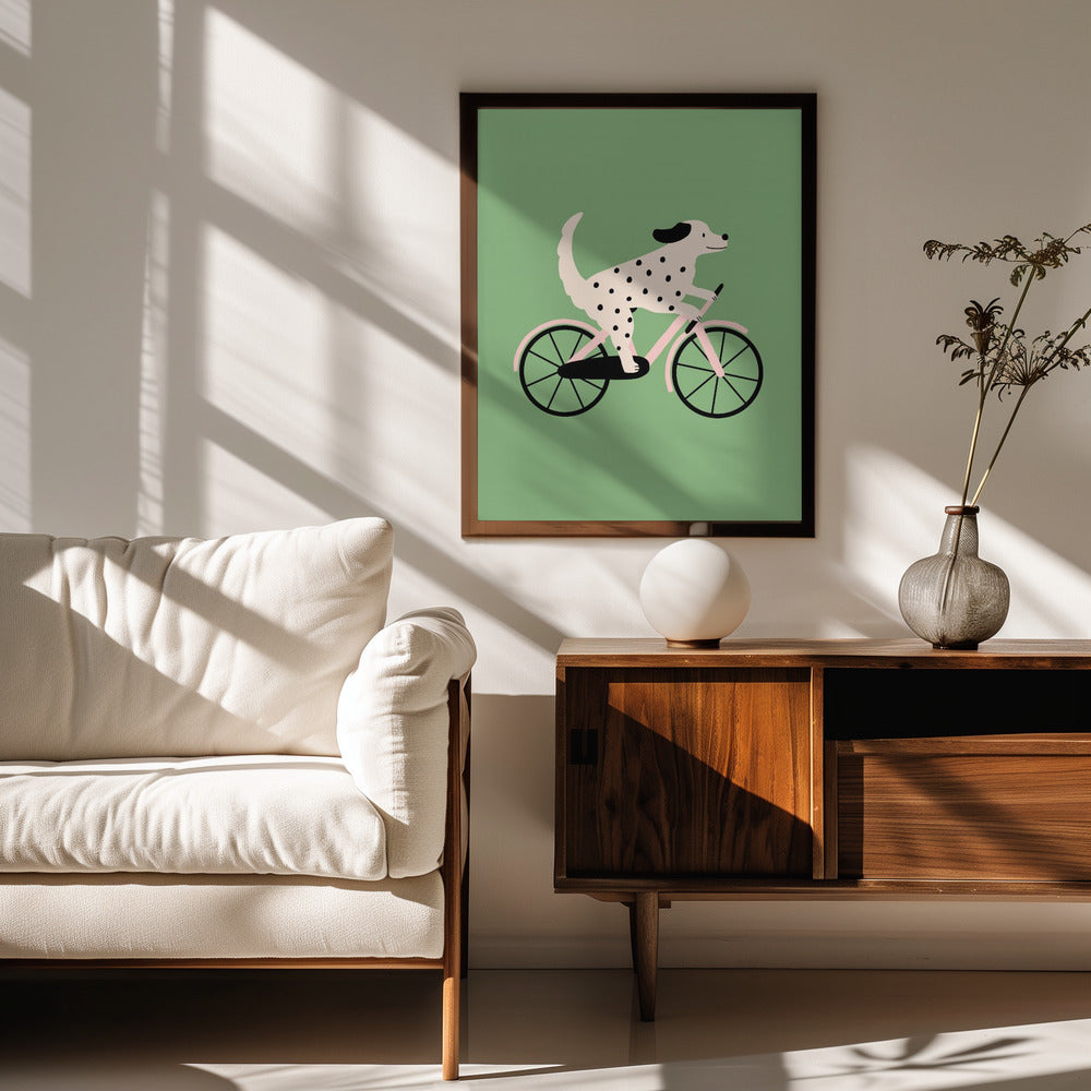 Perro moteado andando en bicicleta  ·  cuadro de decoración