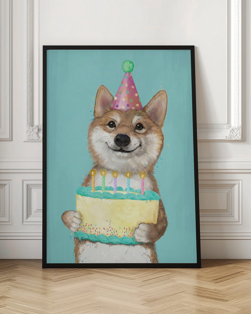 Perro Corgi con pastel de cumpleaños  ·  cuadro de decoración