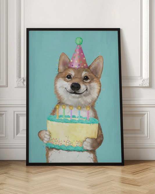 Perro Corgi con pastel de cumpleaños  ·  cuadro de decoración