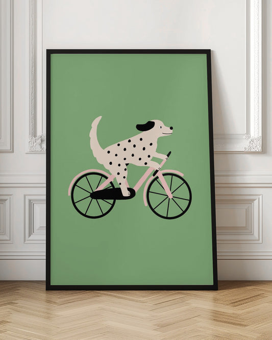 Perro moteado andando en bicicleta  ·  cuadro de decoración