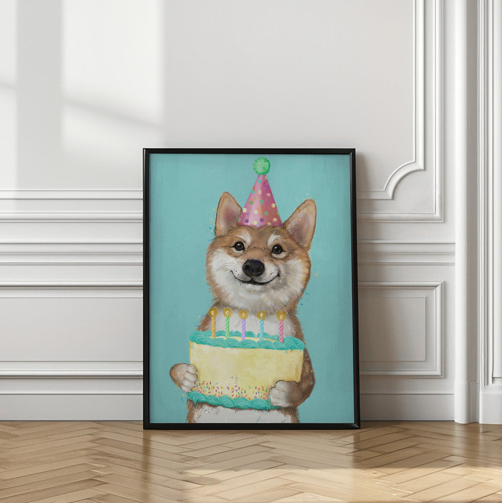 Perro Corgi con pastel de cumpleaños  ·  cuadro de decoración
