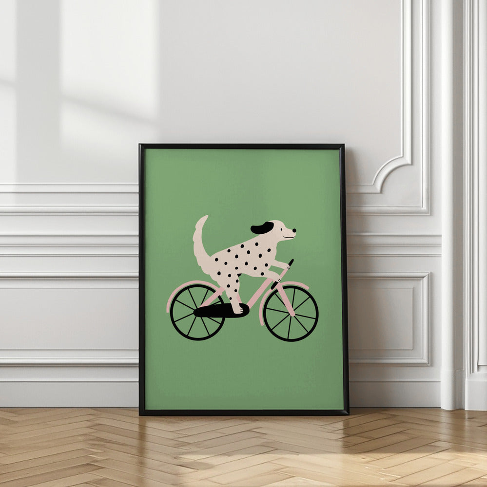 Perro moteado andando en bicicleta  ·  cuadro de decoración