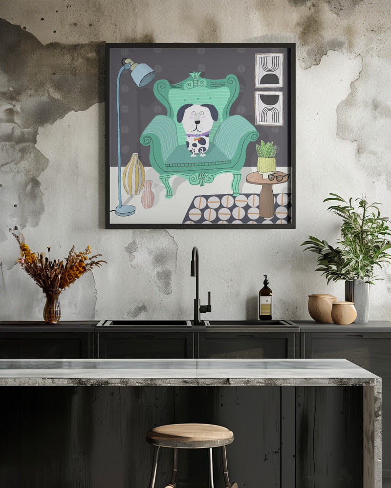 Perro divertido sentado en un interior moderno  ·  cuadro de decoración