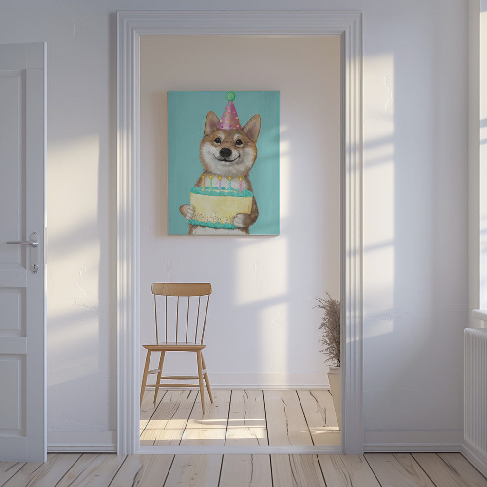 Perro Corgi con pastel de cumpleaños  ·  cuadro de decoración