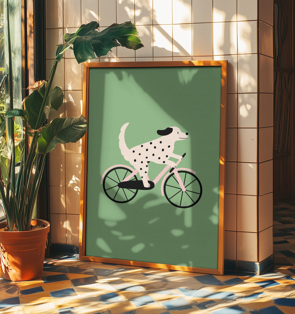 Perro moteado andando en bicicleta  ·  cuadro de decoración