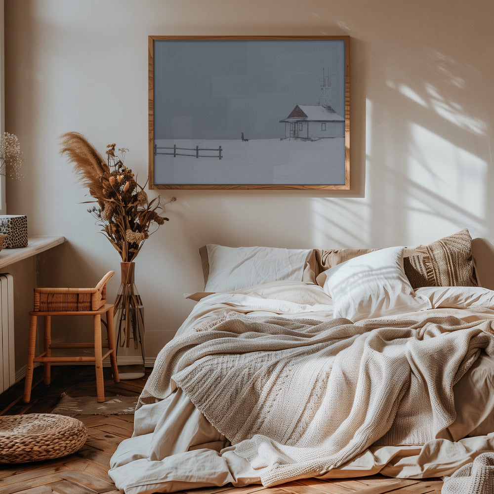 Paseando al perro por la playa con nieve  ·  cuadro de decoración