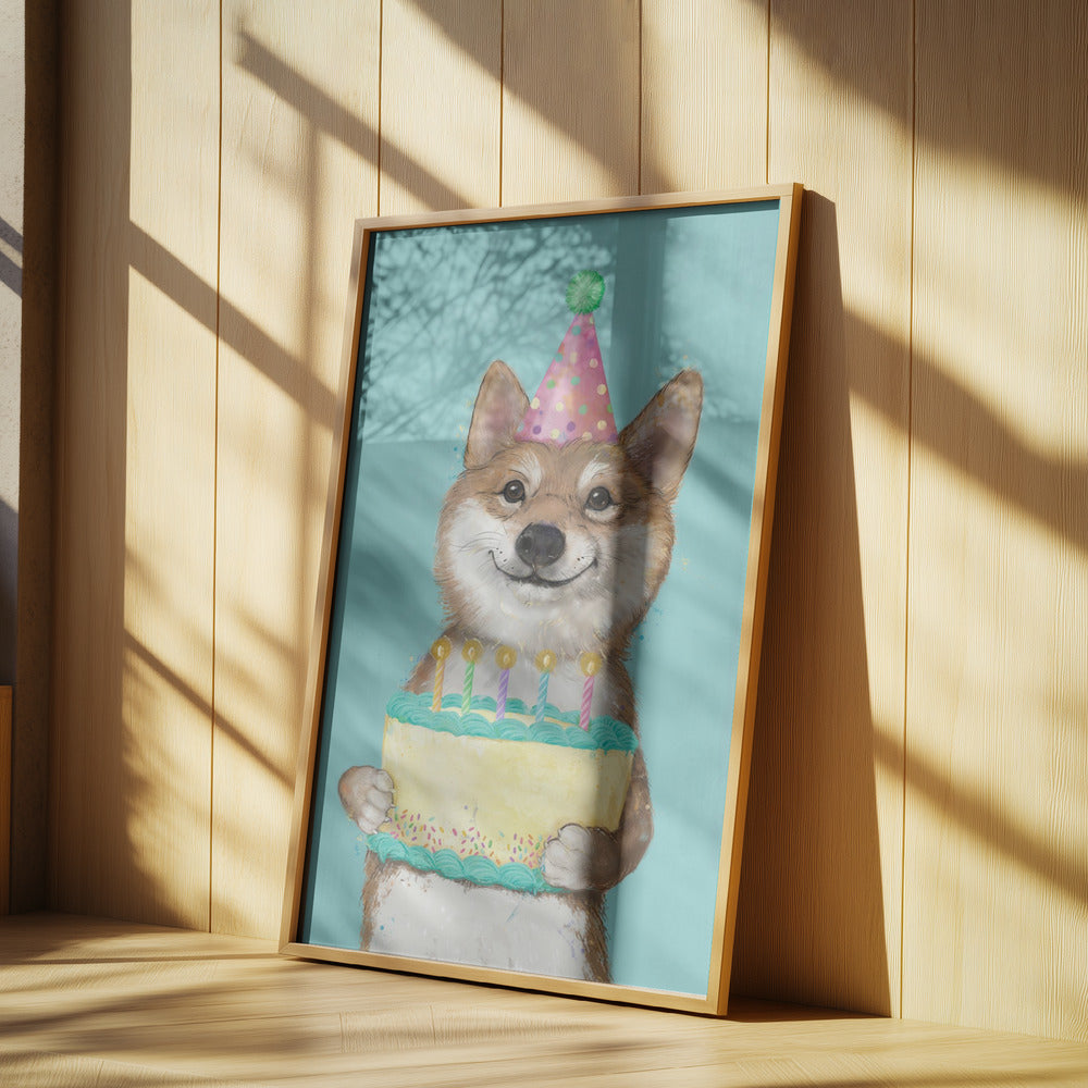 Perro Corgi con pastel de cumpleaños  ·  cuadro de decoración