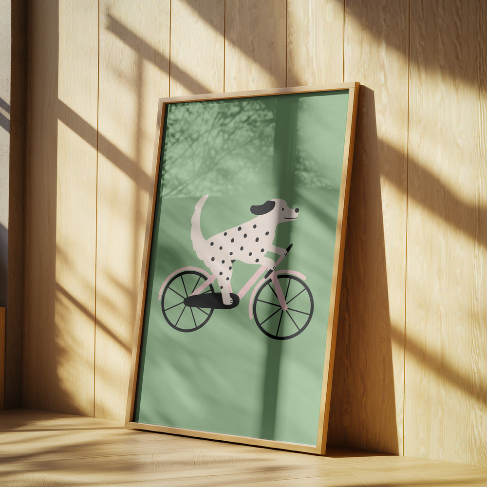 Perro moteado andando en bicicleta  ·  cuadro de decoración