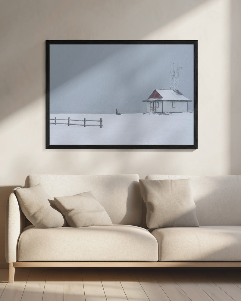 Paseando al perro por la playa con nieve  ·  cuadro de decoración