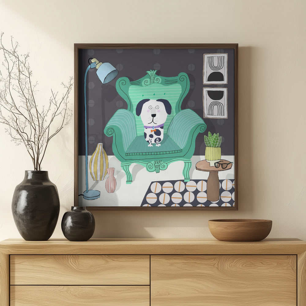 Perro divertido sentado en un interior moderno  ·  cuadro de decoración