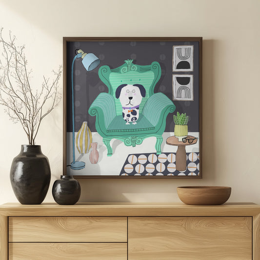 Perro divertido sentado en un interior moderno  ·  cuadro de decoración