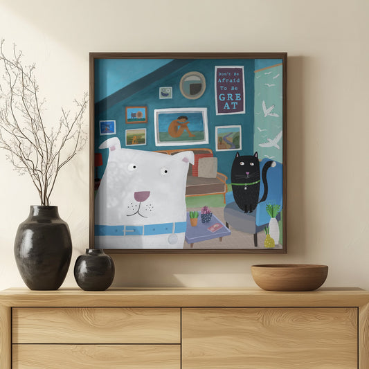 Lindo perro blanco con gato negro en un interior de diseño  ·  cuadro de decoración