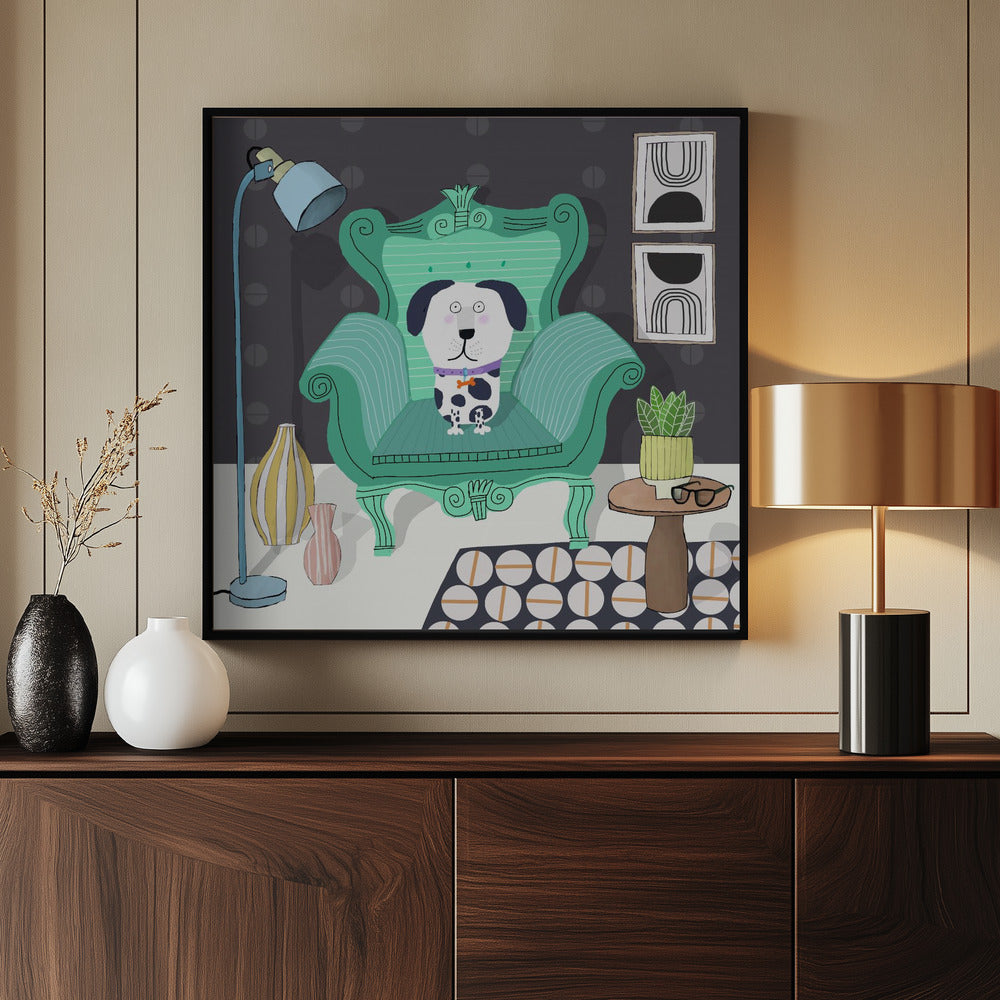 Perro divertido sentado en un interior moderno  ·  cuadro de decoración