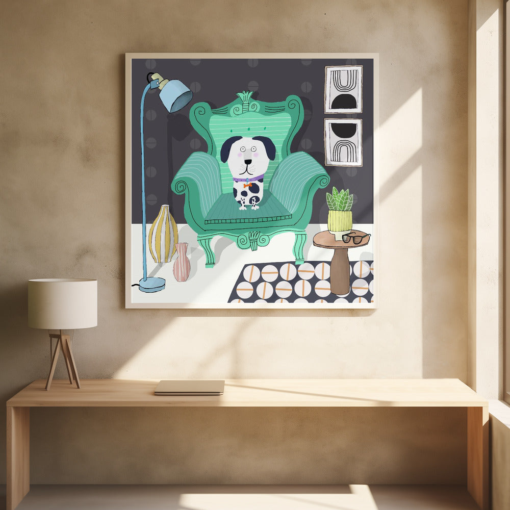 Perro divertido sentado en un interior moderno  ·  cuadro de decoración