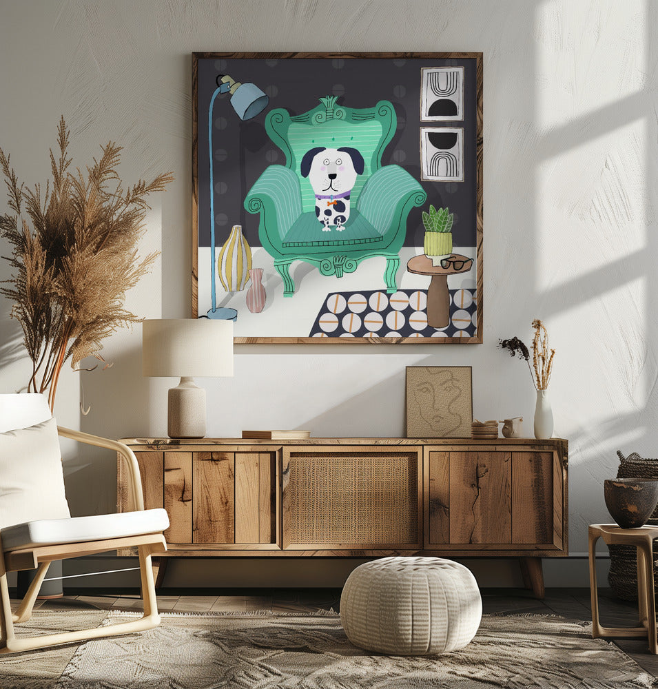 Perro divertido sentado en un interior moderno  ·  cuadro de decoración