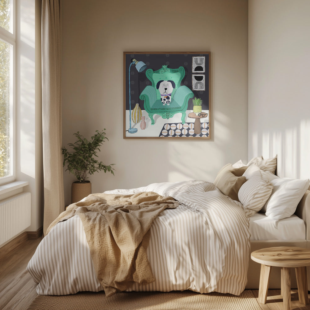 Perro divertido sentado en un interior moderno  ·  cuadro de decoración