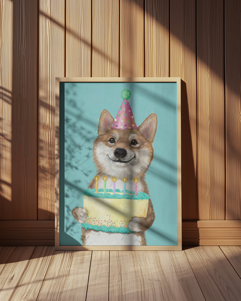 Perro Corgi con pastel de cumpleaños  ·  cuadro de decoración