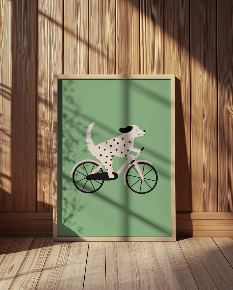 Perro moteado andando en bicicleta  ·  cuadro de decoración